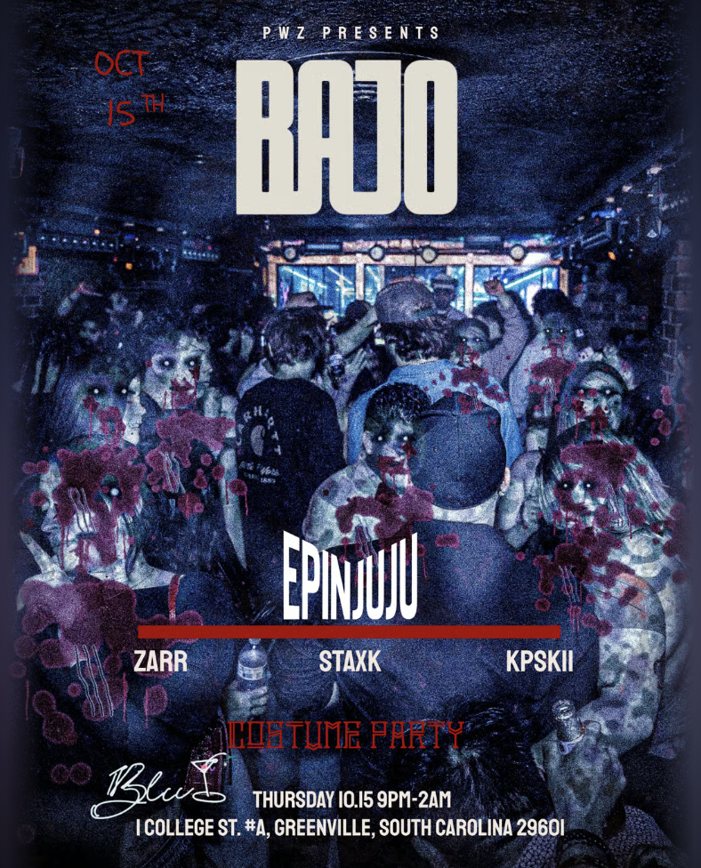 BAJO costume party flyer — Thursday October 15, 9PM–2AM at Blu, Greenville SC with Epinjuju, ZARR, Staxk and Kpskii